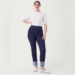 Spanx Cuffed Straight Leg Raw Indigo Denim High Rise Stretch Jeans 3X Petite Nwt